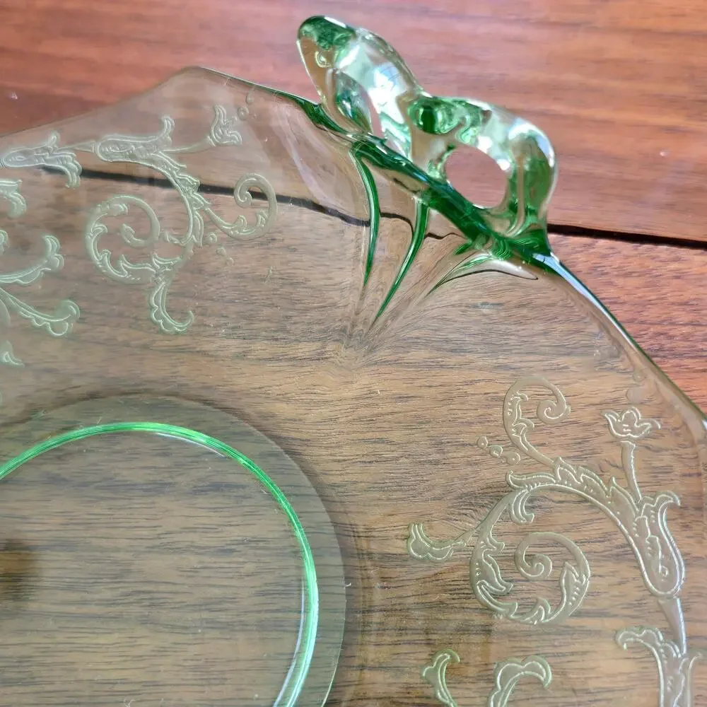 Vintage Fostoria Versailles Bon Bon Dish Green Glass Etched Bow Handle GLOWS